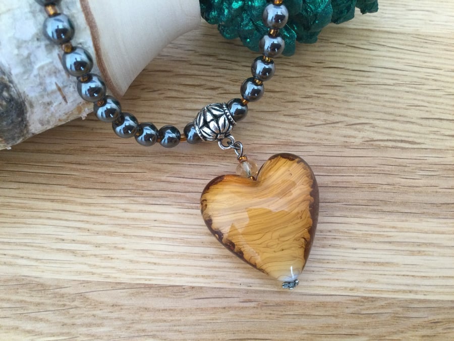 Light Amber Striped Murano Style Glass Heart Necklace