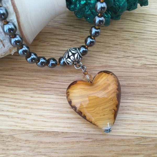 Light Amber Striped Murano Style Glass Heart Necklace