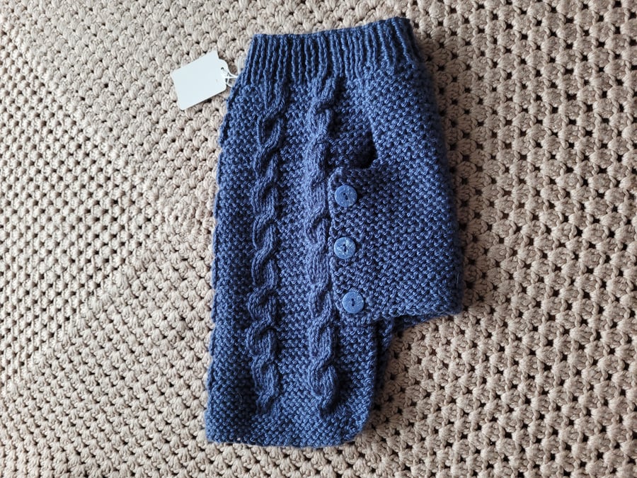 Hand knitted dog coat  in denim blue 