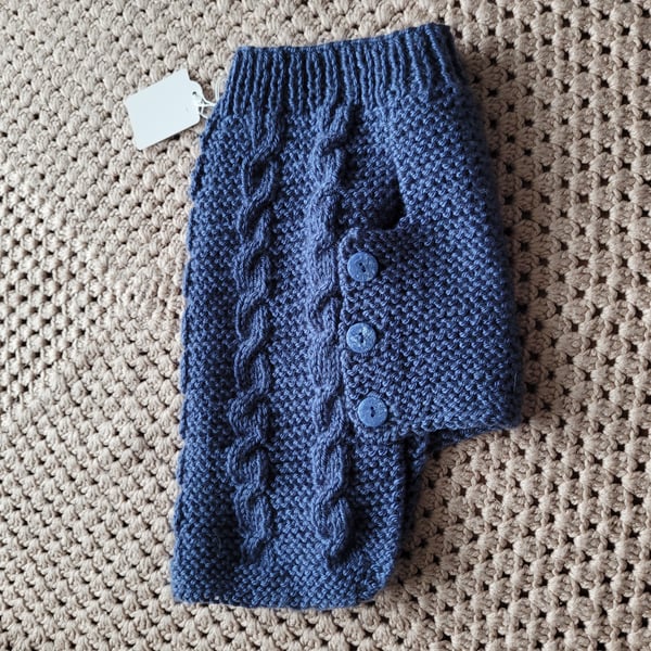 Hand knitted dog coat  in denim blue 