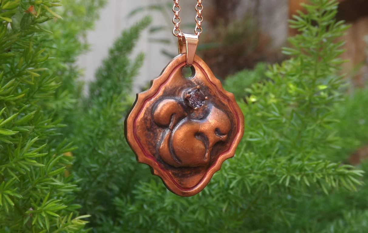 Recycled Copper Squirrel on Picture Frame Pendant Necklace with Amethyst Gem.