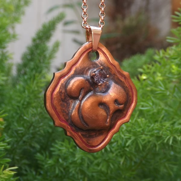 Recycled Copper Squirrel on Picture Frame Pendant Necklace with Amethyst Gem.
