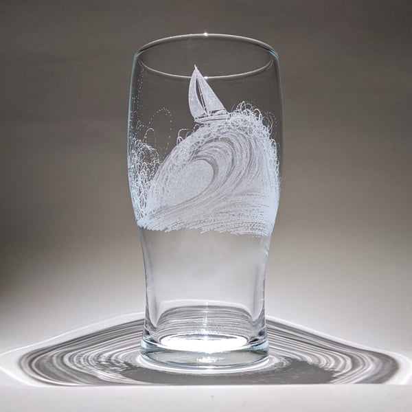 Engraved Glasses - Beer Glass - Wave Pint Glass - Boat and Wave - Sailing Gifts