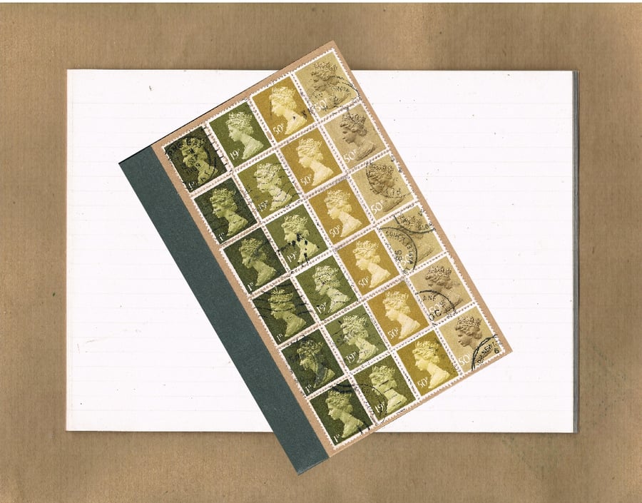 Retro A6 Notebook - Olive Green & Mustard Ombre, upcycled postage stamp jotter