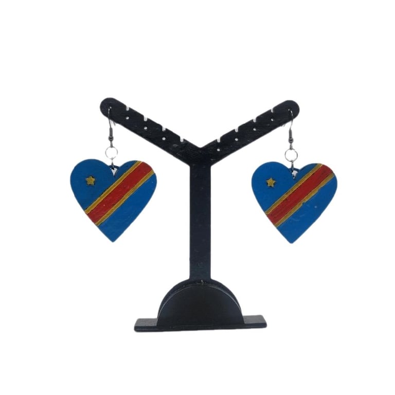 DRC flag earrings, love Democratic republic of the Congo, loveheart jewellery,
