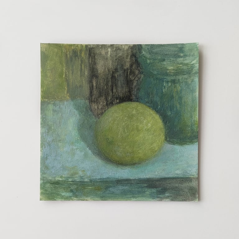 Fruit Small Original Painting - Lime Kitchen Art - Green - Blue Gouache Artwork 