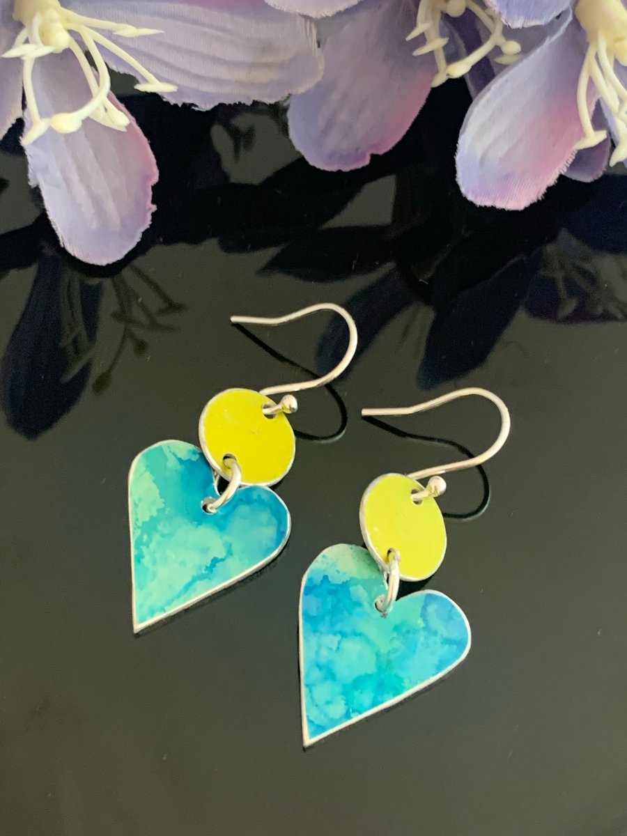 Printed Aluminium and sterling silver heart earrings - Turquoise and lime