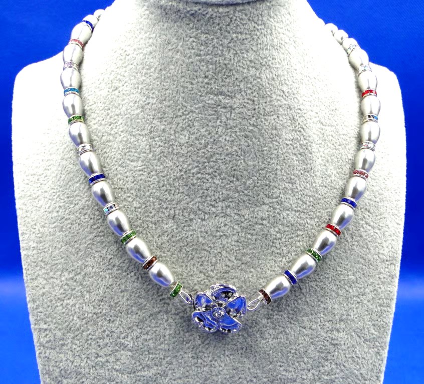 Silver glass  pearl and coloured crystal necklace with silver rose clasp