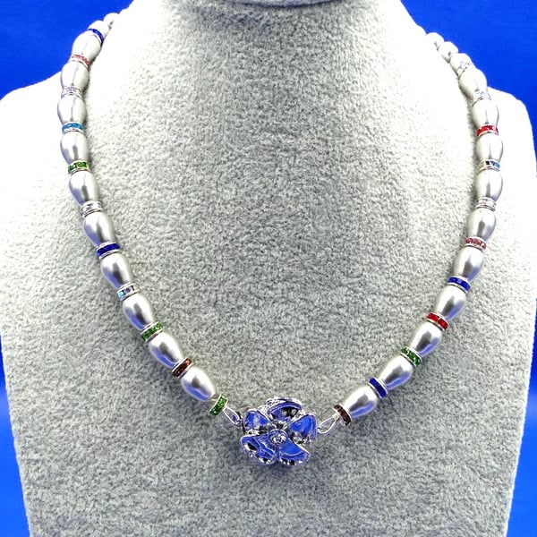 Silver glass  pearl and coloured crystal necklace with silver rose clasp