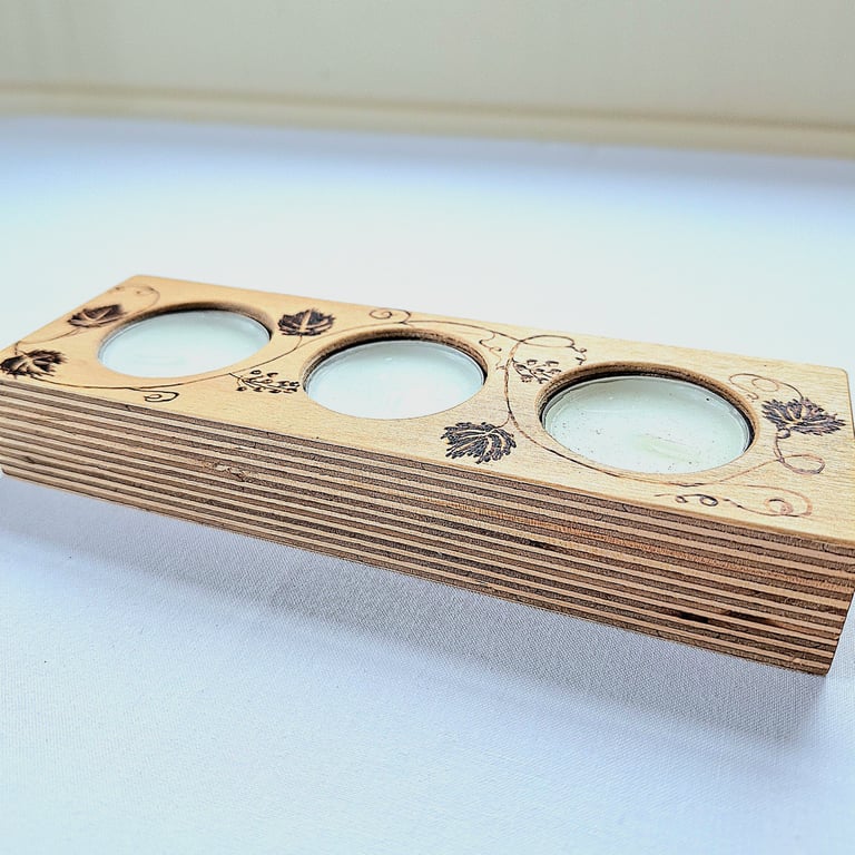 Tealight holder with pyrography grape vines