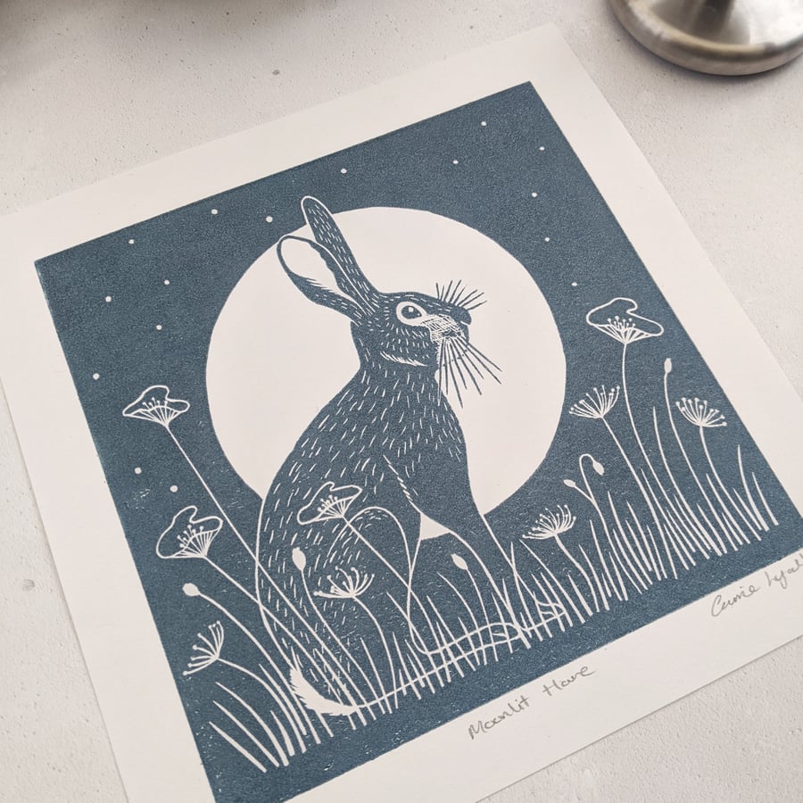Moonlit Hare Linocut Print - TEST PRINT 