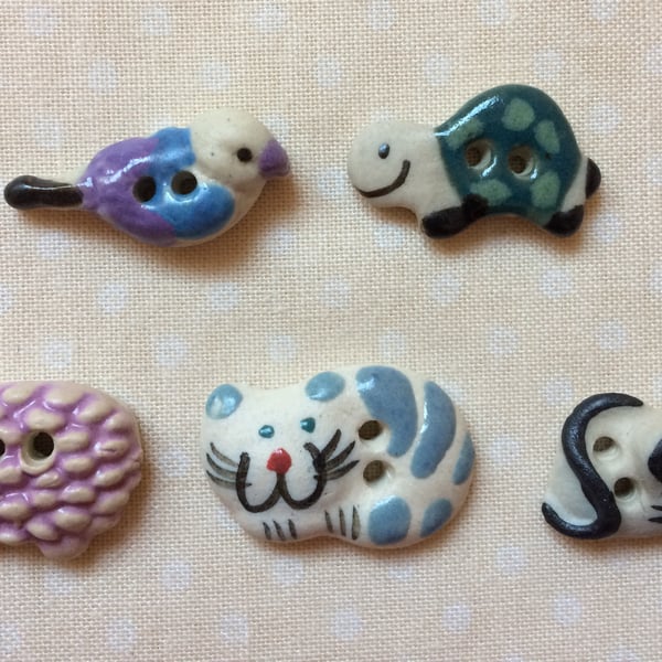 Cute bird, tortoise, hedgehog, mouse and cat buttons