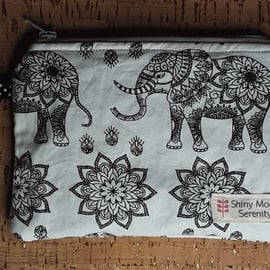 Coin Purse White with Black Elephant Print.