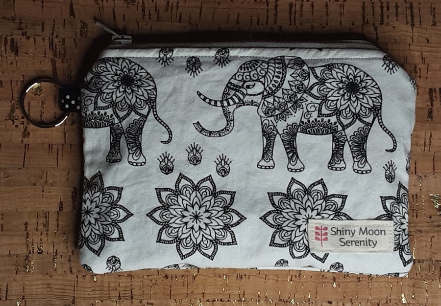 Coin Purse White with Black Elephant Print.