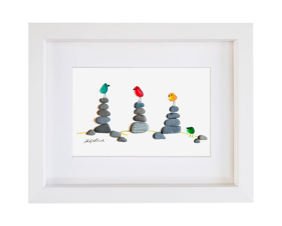 Rock Pile Birds - Pebble Picture - Sea Glass Art - Framed Unique Handmade Art