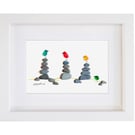 Rock Pile Birds - Pebble Picture - Sea Glass Art - Framed Unique Handmade Art