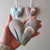 Handmade hanging decorations, Padded heart, Snowdrops, embroidered 