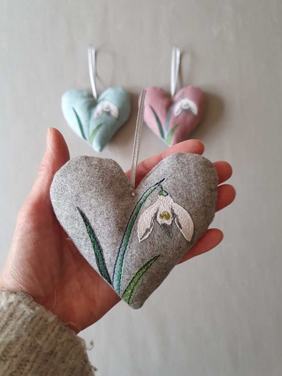 Handmade hanging decorations, Padded heart, Snowdrops, embroidered 