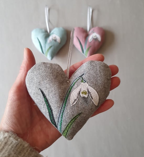 Handmade hanging decorations, Padded heart, Snowdrops, embroidered 