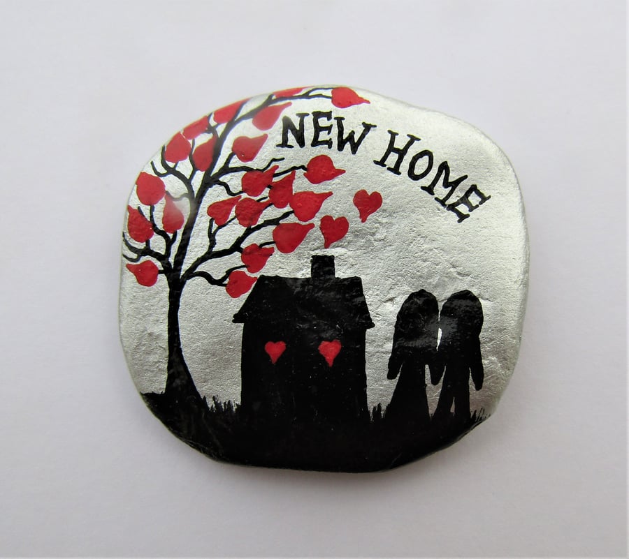 New Home Card, Romantic Couple House Hearts Tree Card, Painted Shell Moving Card