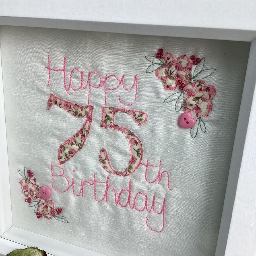 Happy 75th Birthday embroidered picture