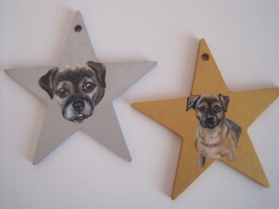 2x Miniature Pet Portrait on Wooden Hanging Star Decoration