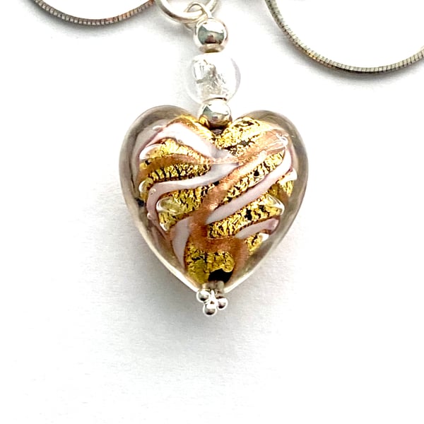 Murano glass silver and gold heart pendant with sterling silver.