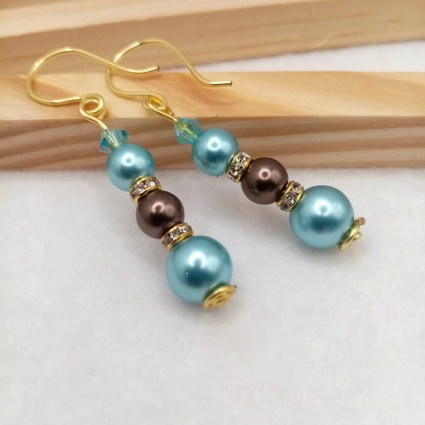 Christmas Bauble Inspired Glass Pearl Earrings, Blue-Brown Drop Earrings 