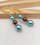 Christmas Bauble Inspired Glass Pearl Earrings, Blue-Brown Drop Earrings 