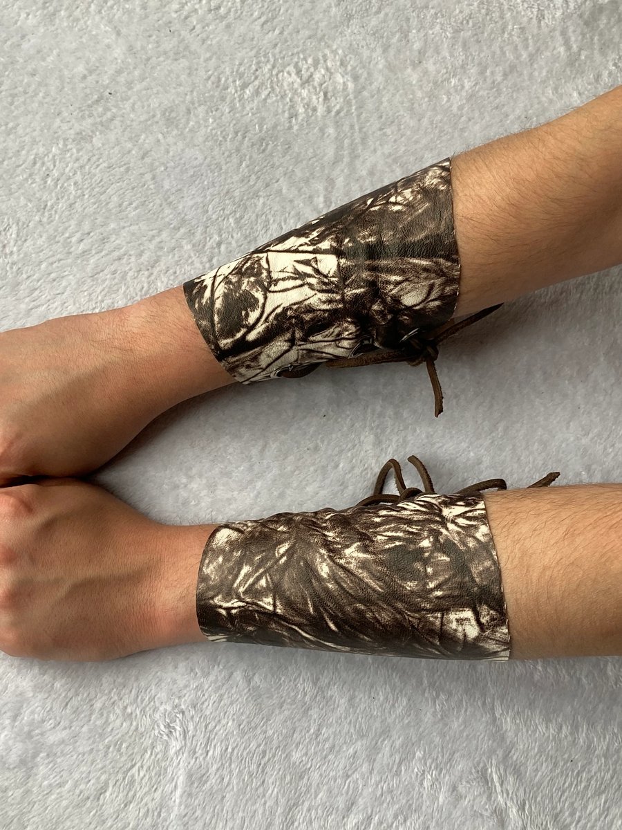 Small Pair TieDyed Dark Brown-White Leather Bracers FREE SHIPPING