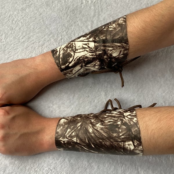 Small Pair TieDyed Dark Brown-White Leather Bracers FREE SHIPPING