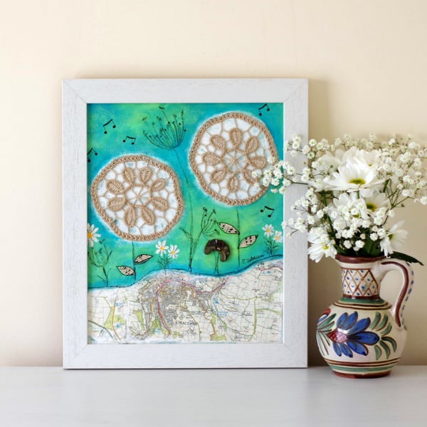 Rustic Style Painting, Shabby Chic Artwork, Mixed Media Framed Artwork, Lace Art
