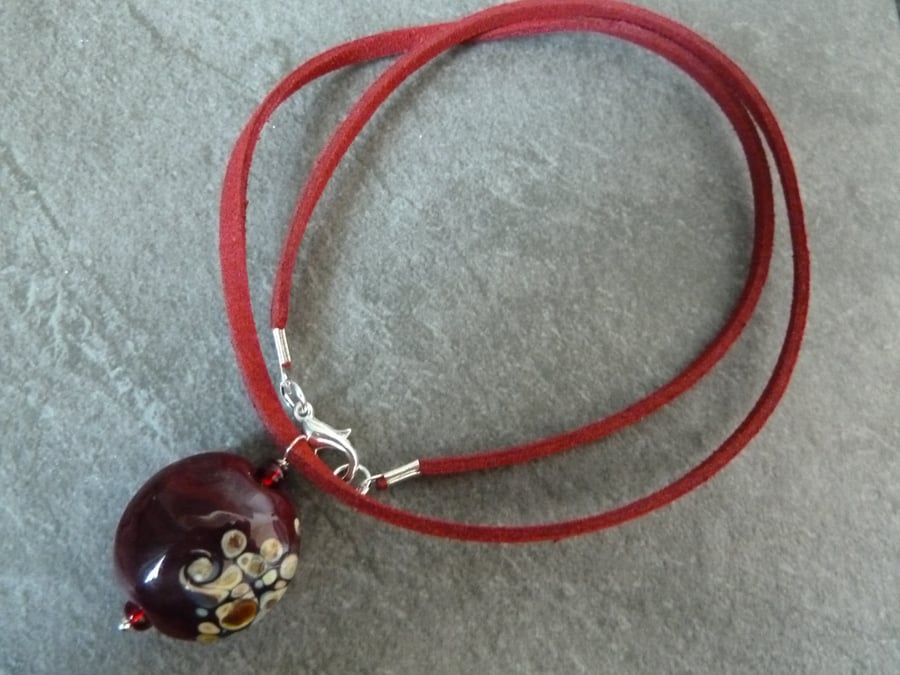 faux suede necklace, red lampwork pendant