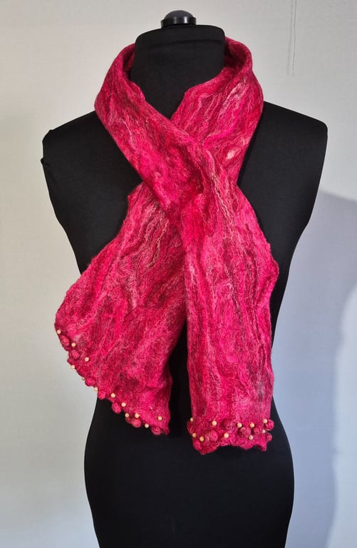 38.SUMMER SECONDS. Red Felted Short Scarf with Pearl Detailing on Scarf Ends.