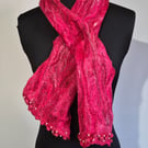 38.SUMMER SECONDS. Red Felted Short Scarf with Pearl Detailing on Scarf Ends.