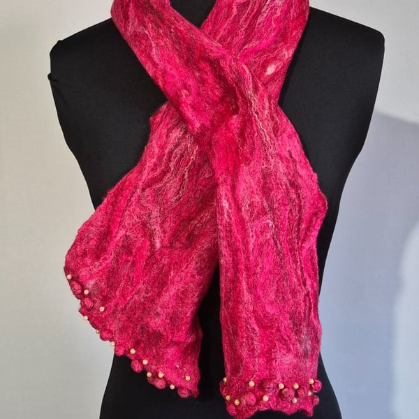 38.SUMMER SECONDS. Red Felted Short Scarf with Pearl Detailing on Scarf Ends.
