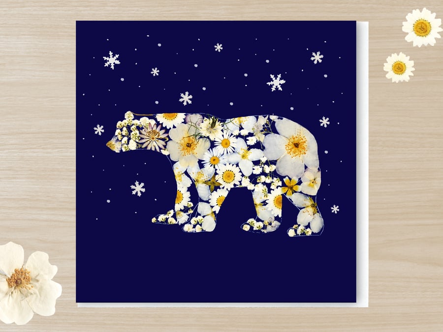 Pack of 4, Polar Bear, Pressed Flower Printed Card, Christmas greeting card,