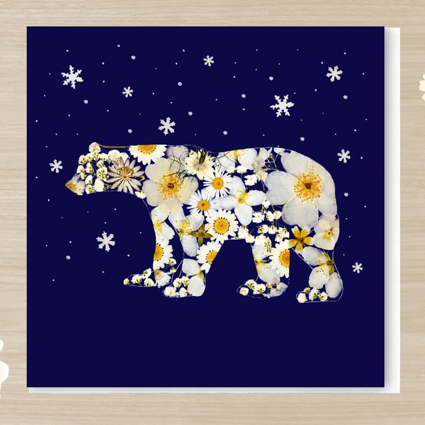 Pack of 4, Polar Bear, Pressed Flower Printed Card, Christmas greeting card,