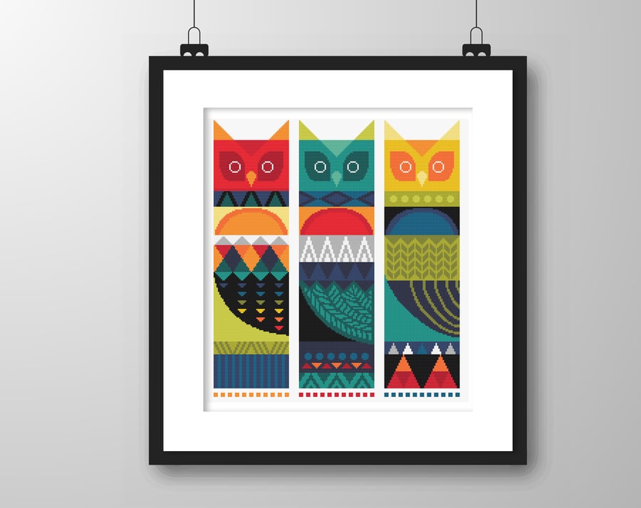 059 - Geometric Scandinavian Folk Art Owls - Cross Stitch Pattern