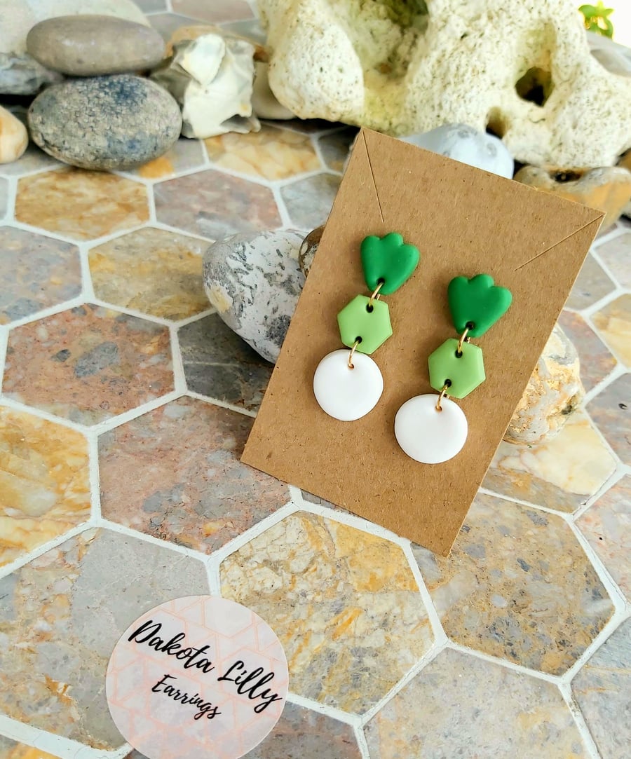 Triple drop green and white polymer clay earrings