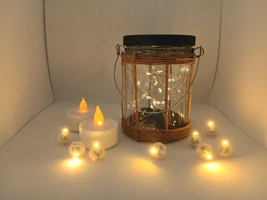 Rustic, Upcycled Glass Jar Lantern with Fairy Lights (Golden Brown)