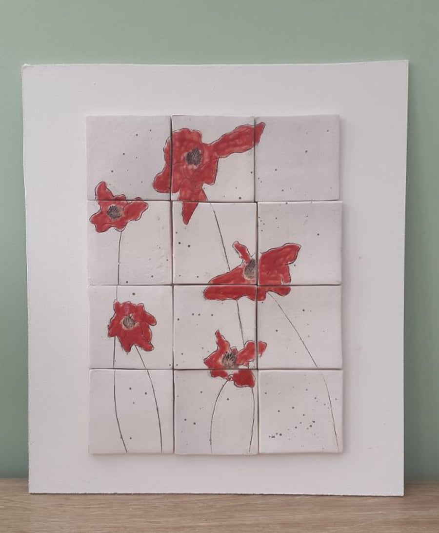 Red Flowers Ceramic Tile Wall Art