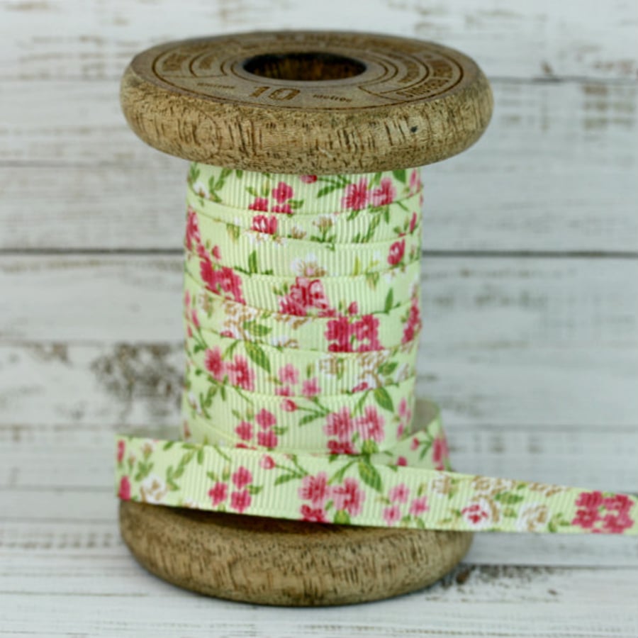 9mm Pale Green Floral Grosgrain Ribbon - 5 Metres - Full Roll
