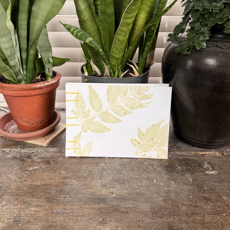 A5 Coptic Bound Handmade Sketchbook - White Leaves (Cartridge Paper)