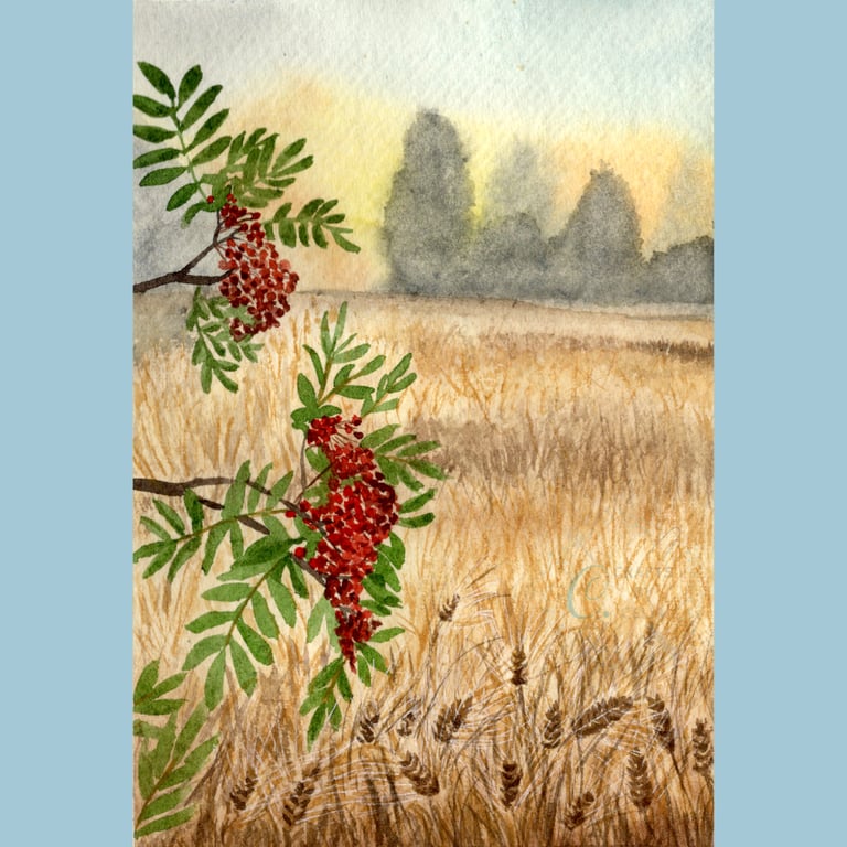Rowan Tree Landscape Art Print, A5 high quality print