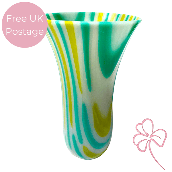 Teal Blue, Citronelle Green and Grey Fused Glass Bud Vase