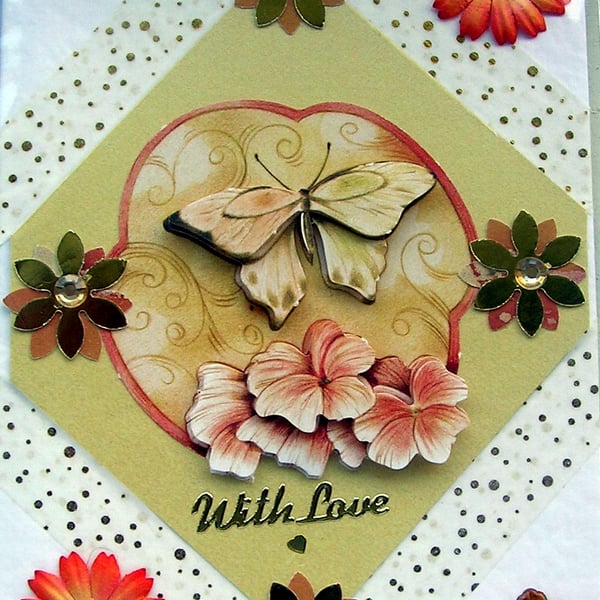 Butterfly & Flowers - Hand Crafted Decoupage Greeting Card - With Love 2788