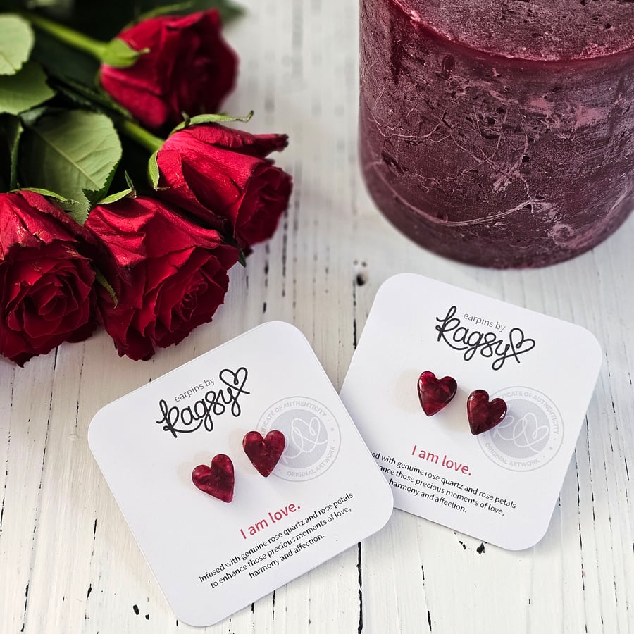 Red Heart Studs, Infused with Genuine Rose Quartz and Rose Petals ER1-ERED1
