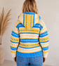Ladies Super-chunky Hooded Hand-knitted Cardigan in Blue, Yellow & White  - Image 2