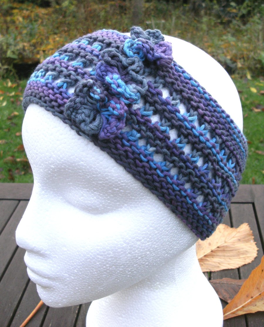 Hand-dyed & Knit Cotton Lacy Headband with flowers-Blues